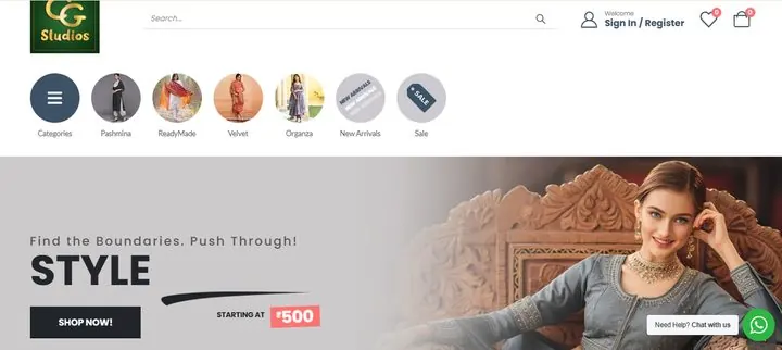CG Studios website homepage designed by Wayne E Solutions — Fashion & clothing, India