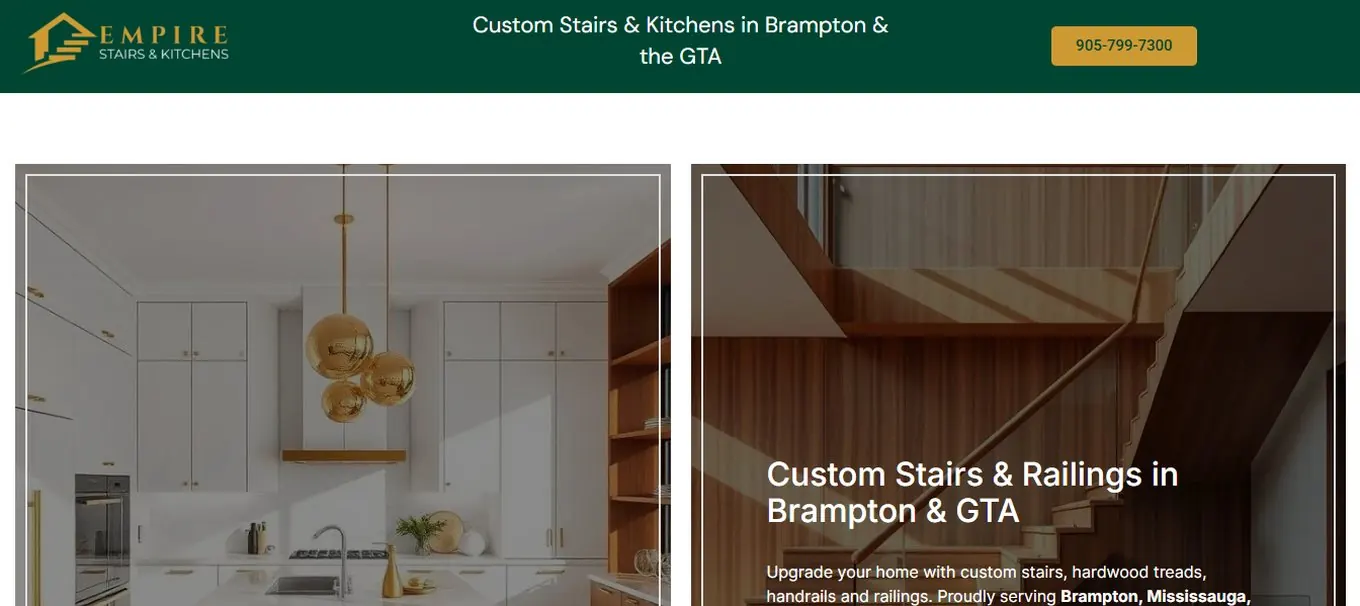 Empire Stairs & Kitchens website homepage designed by Wayne E Solutions — Stairs, railings & kitchens, Brampton, Ontario, Canada
